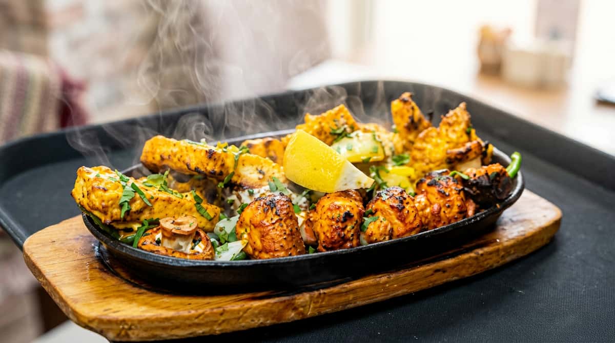 Sizzling platter of marinated chicken pieces with peppers, onions, fresh herbs and lemon wedges.