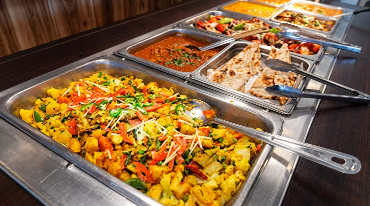 Indian buffet featuring a colourful selection of curries, rice dishes, vegetables, breads and accompaniments.