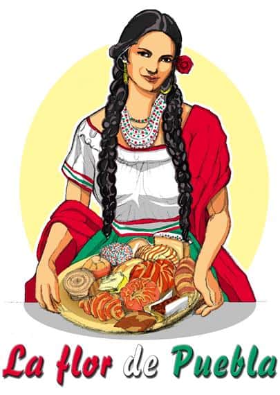 Graphic of woman holding mexican desserts titled La Flor de Puebla 