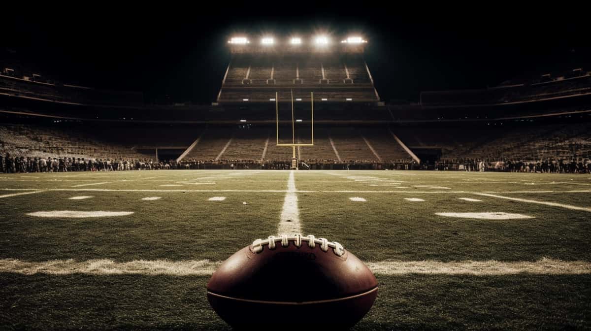 football on a field lit up by stadium lights