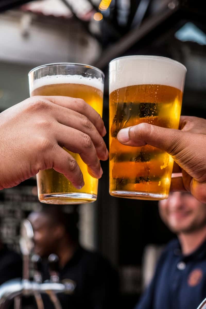 two hands holding beer glasses having a cheers