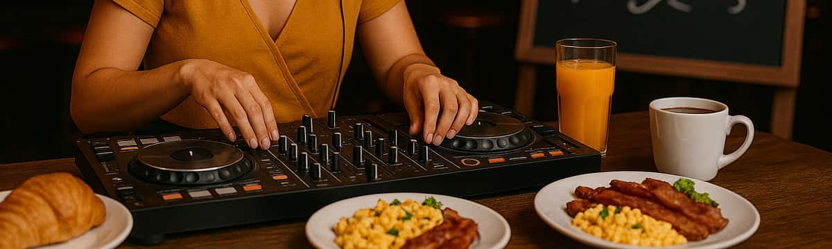 turntables and breakfast brunch items like eggs and bacon