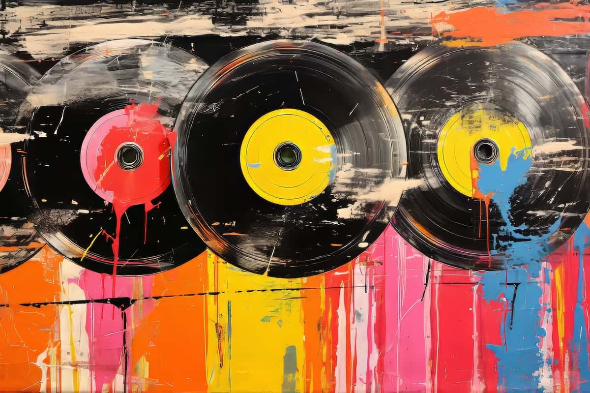 studio pop culture art of music record in a collage of spray paint colors