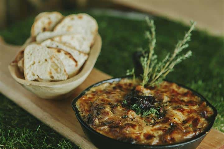 cast iron dish and bread