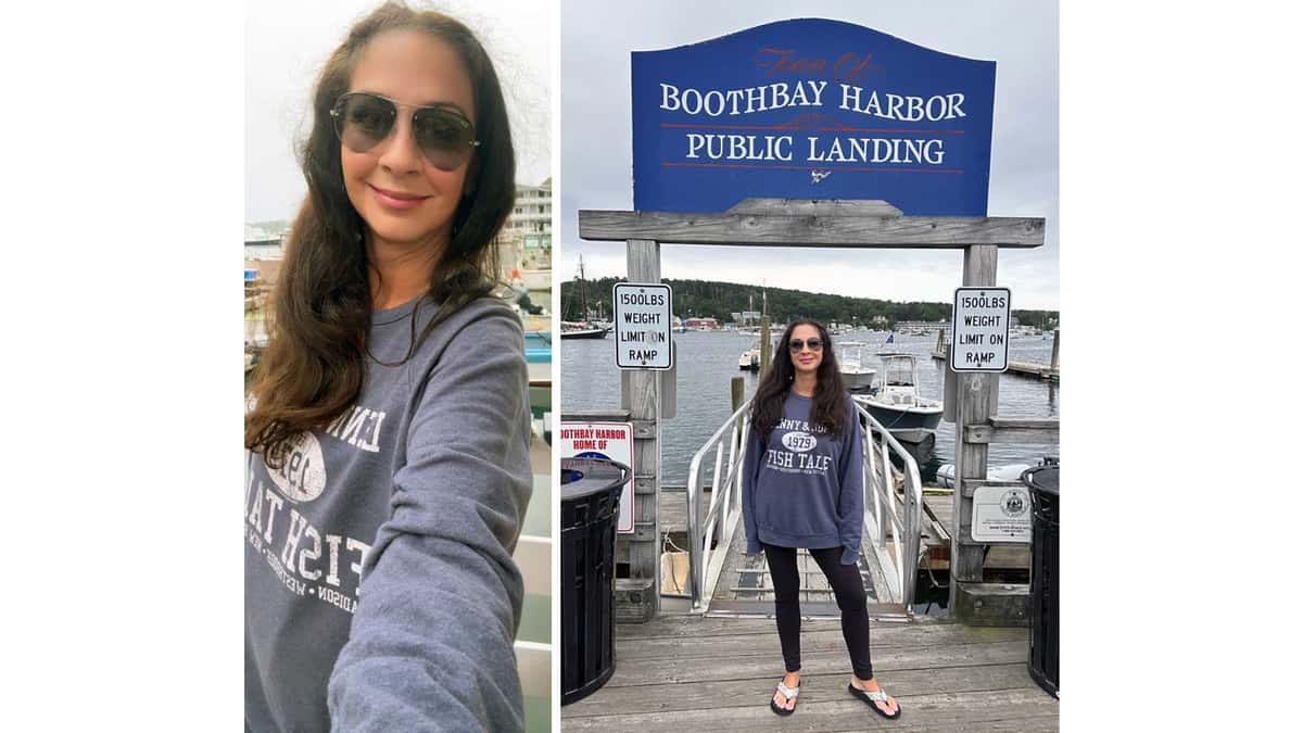 Women wearing a Fish Tale Sweatshirt visiting Boothbay Harbor Maine