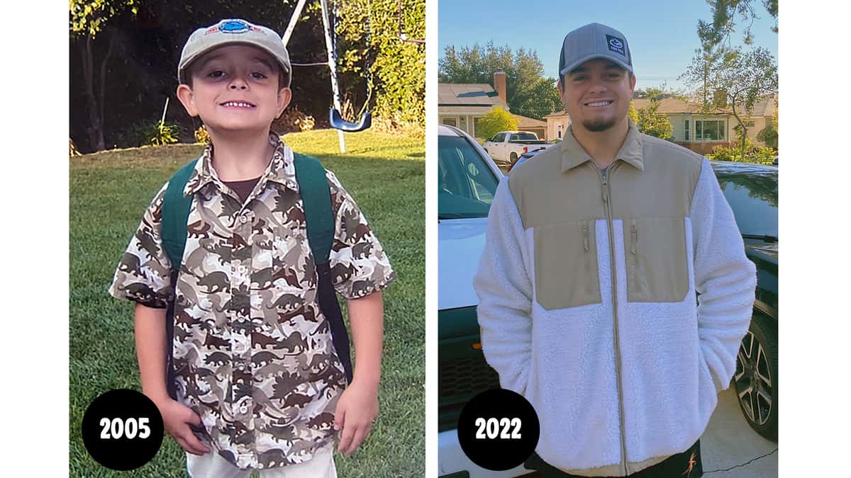 Joe wearing Fish Tale Hat at 5 and new one at 22