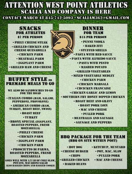 Scalia's catering options for west point athletics. Click image or button above image for pdf link