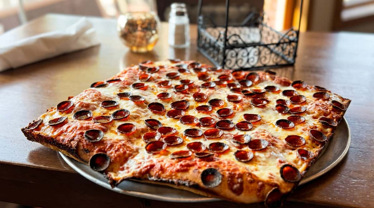 A large pepperoni pizza on a metal pan resting on a dark wooden table, with blurred background objects.