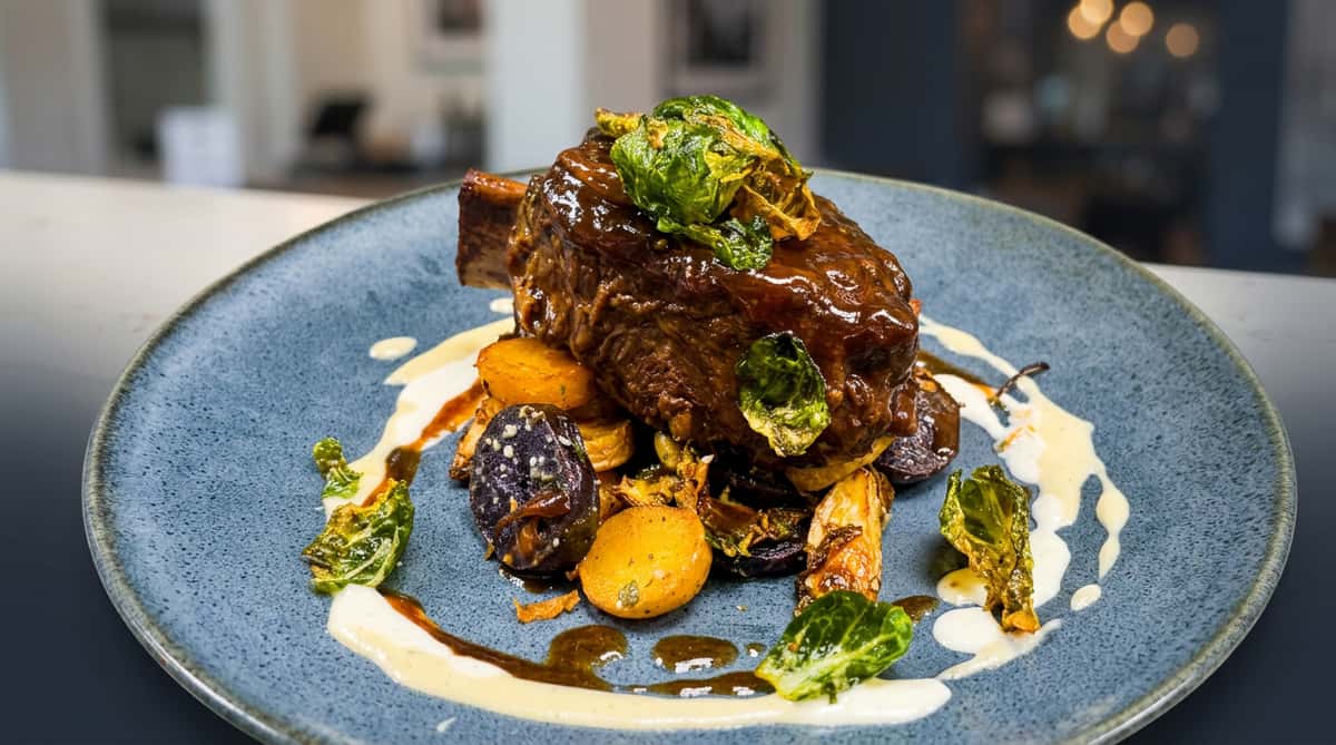 Braised short rib with crispy Brussels sprouts, roasted potatoes, and a cream sauce on a grey plate.