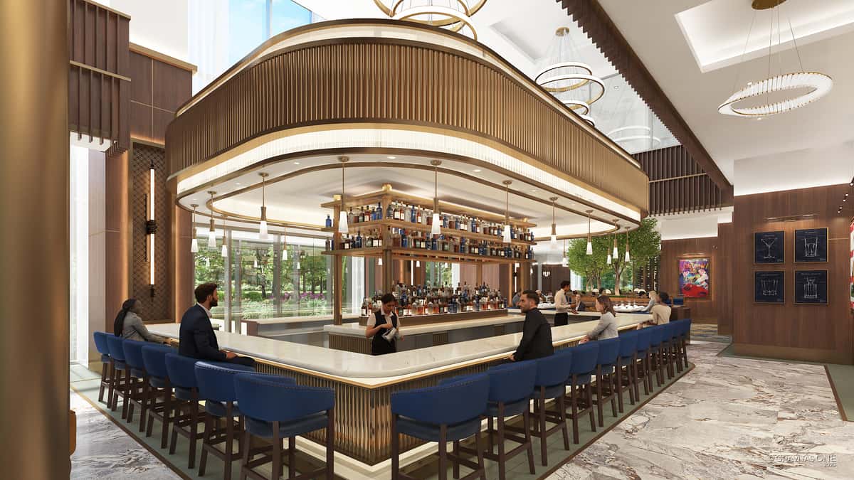 Upscale restaurant bar with wraparound seating, illuminated bottle displays, and elegant contemporary design.