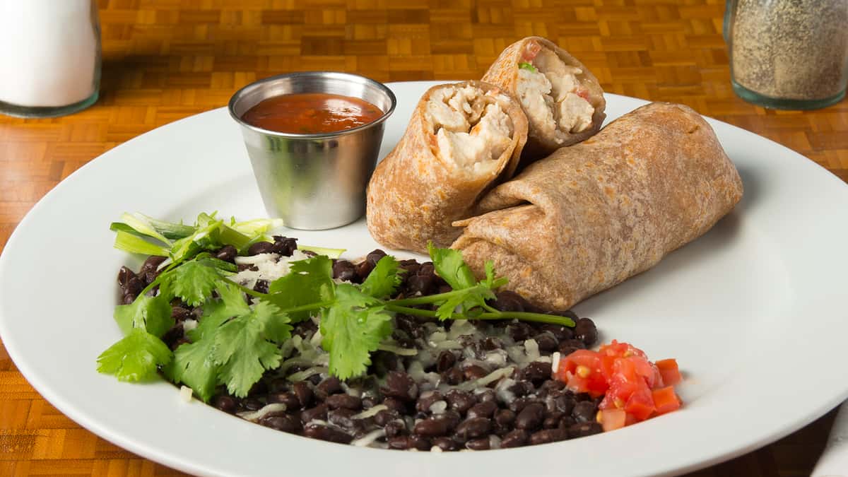marinated grilled chicken, egg whites, jack cheese, green onion, tomato, whole grain tortillas, side of beans

protein 54 – fiber 16 – carb 58 – fat 11 – cal 575