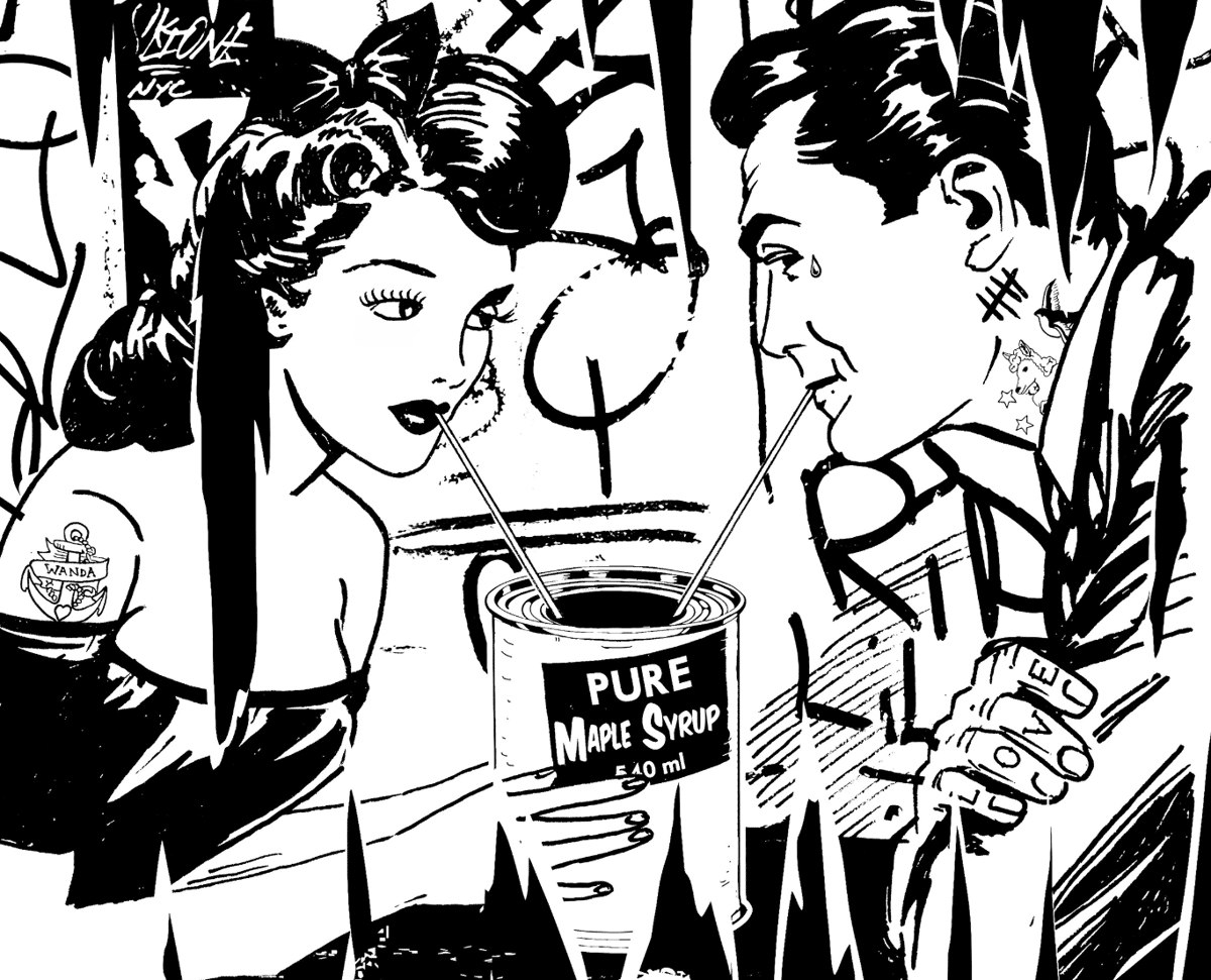 Black and white sketch pictorial of a couple drinking out of a maple syrup container