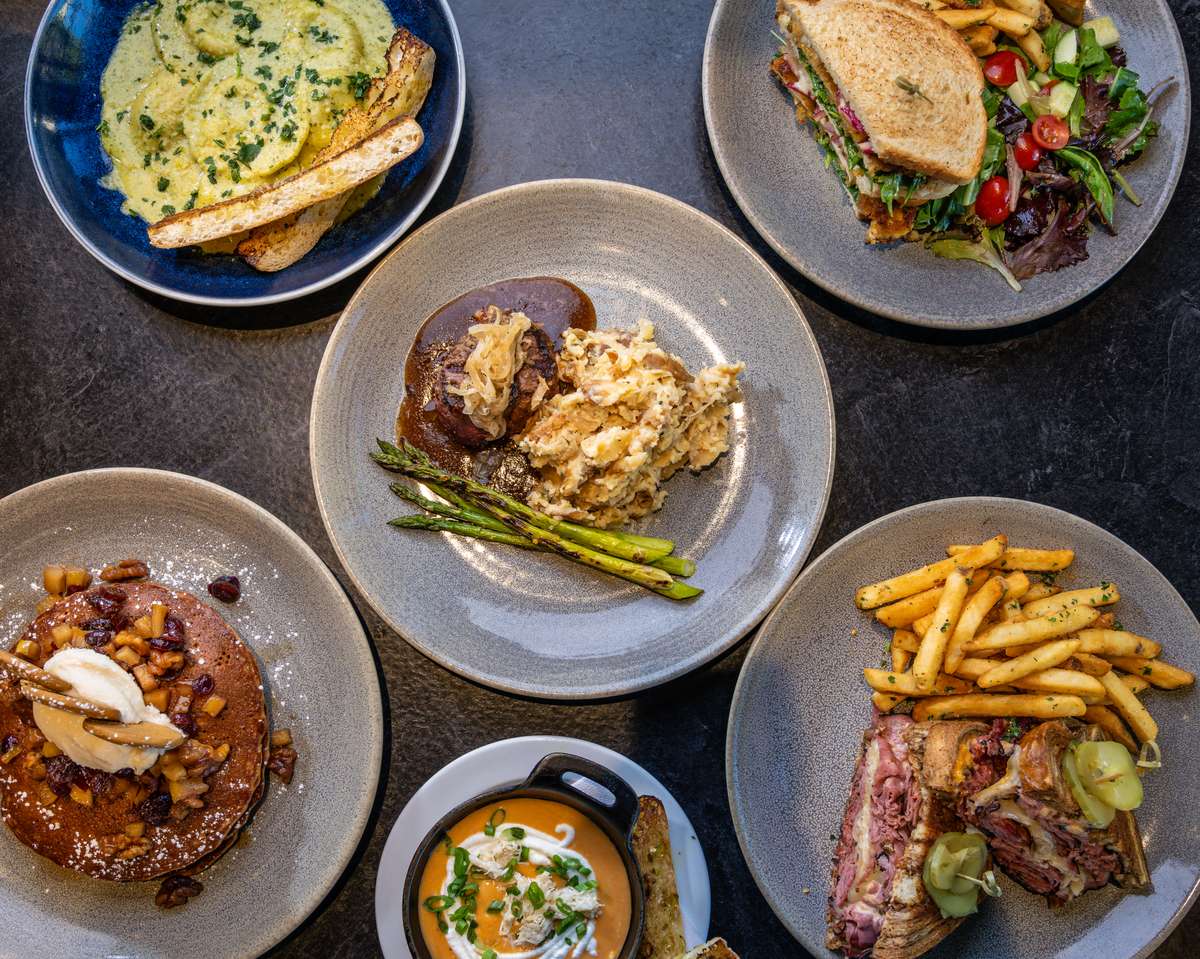 A table spread of Eggspectation dishes