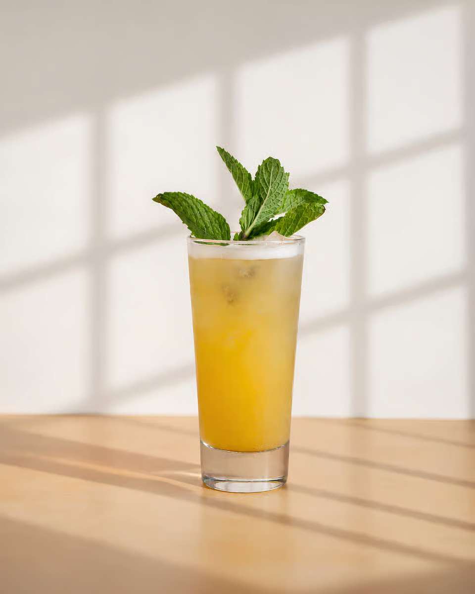 Mixed cocktail drink on a light wooden table with a beige backdrop wall