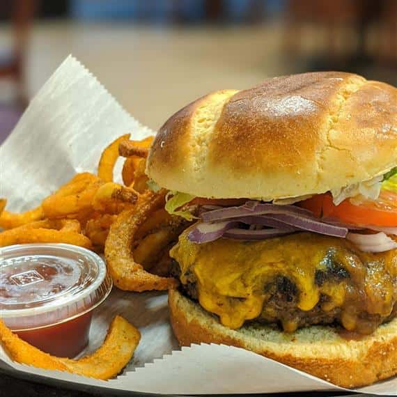 cheeseburger with onion, tomato and lettuce, side of fries and ketchup