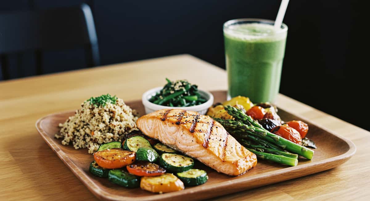 Grilled salmon, quinoa, and roasted vegetables served with a green smoothie on a wooden tray.