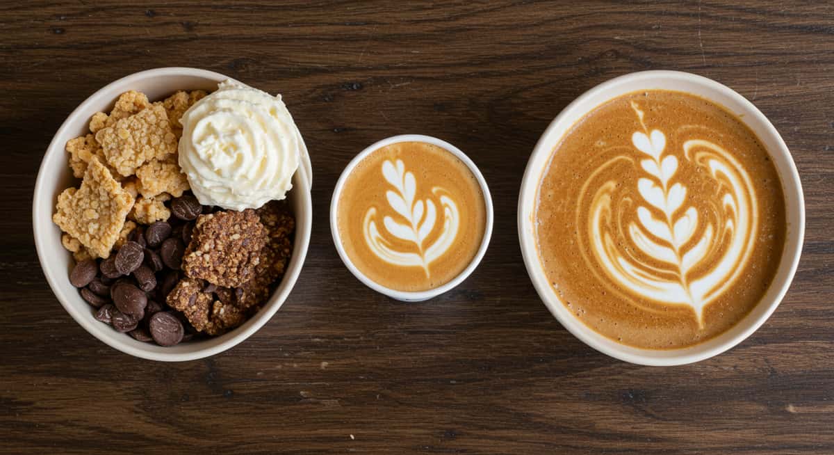 East Side Grind's rich brown lattes with white latte art, beside a dessert bowl of crispy treats, chocolate, and whipped cream on a dark wood table.