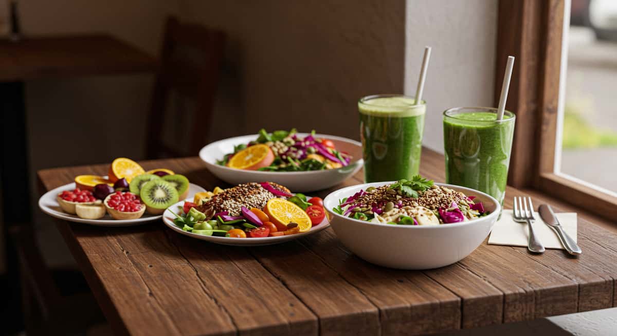 East Side Grind offers a healthy meal of vibrant salads, fruit, and green smoothies on a rustic wooden table.
