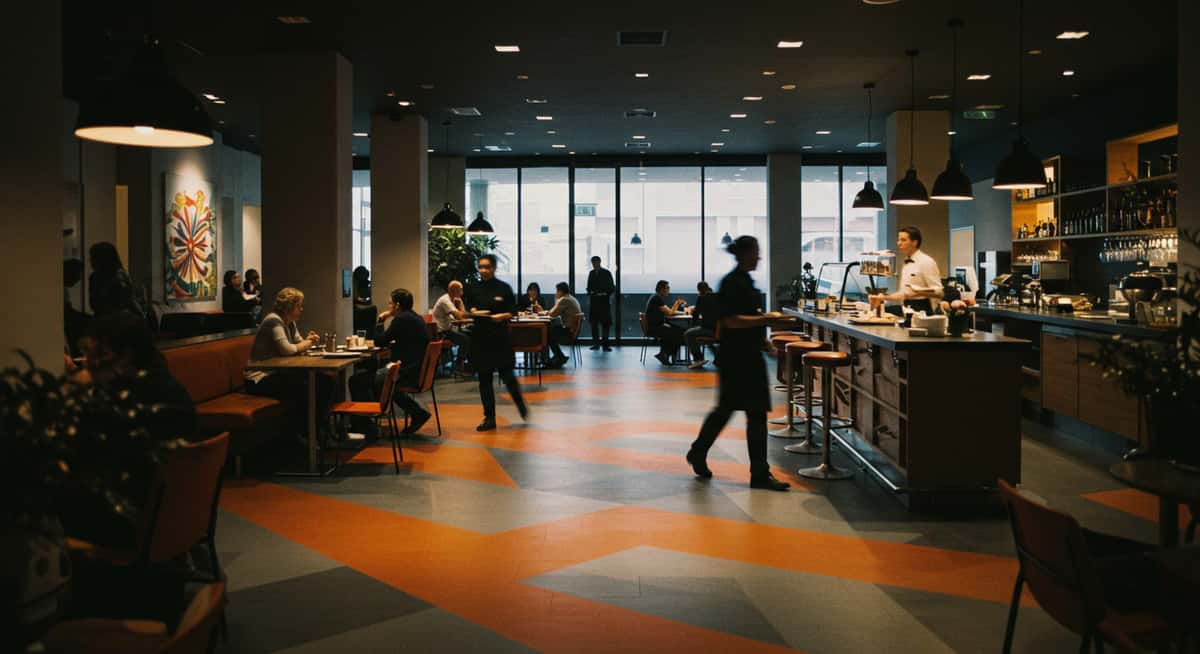 East Side Grind's bustling modern restaurant interior with a distinctive orange geometric floor, customers dining, and a well-lit bar area.