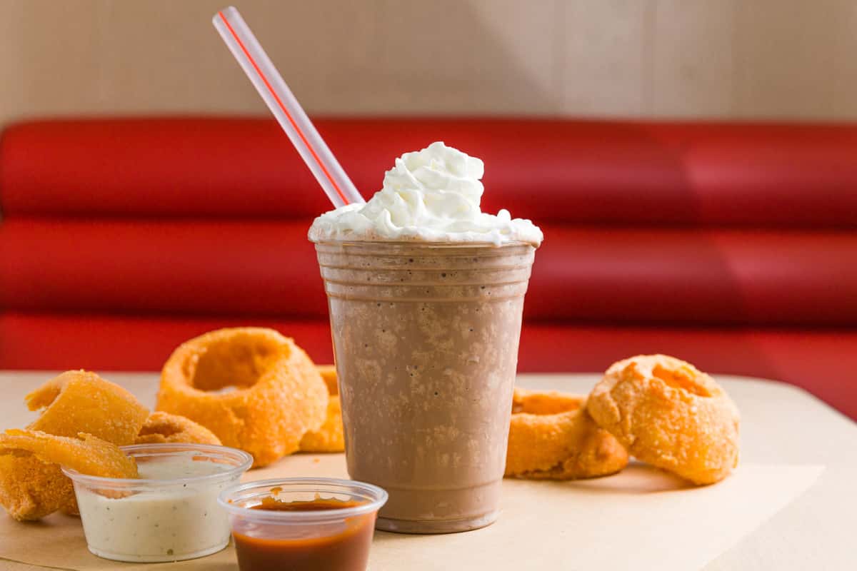 chocolate milkshake and onion rings
