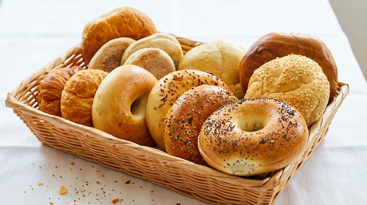 A basket filled with assorted baked goods, including bagels with poppy seeds and sesame seeds, plain bagels, croissants, English muffins, and bread rolls.