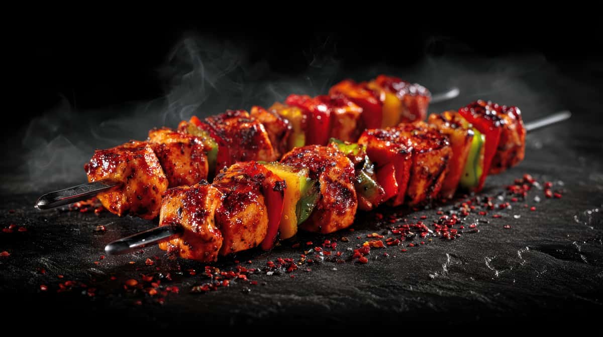 Indian tandoori grilled chicken and vegetable skewers