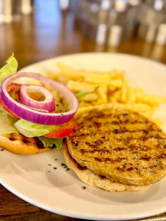 Seasoned grilled chicken sandwich on a toasted bun with lettuce, tomato, and red onion, served alongside crispy crinkle-cut fries.