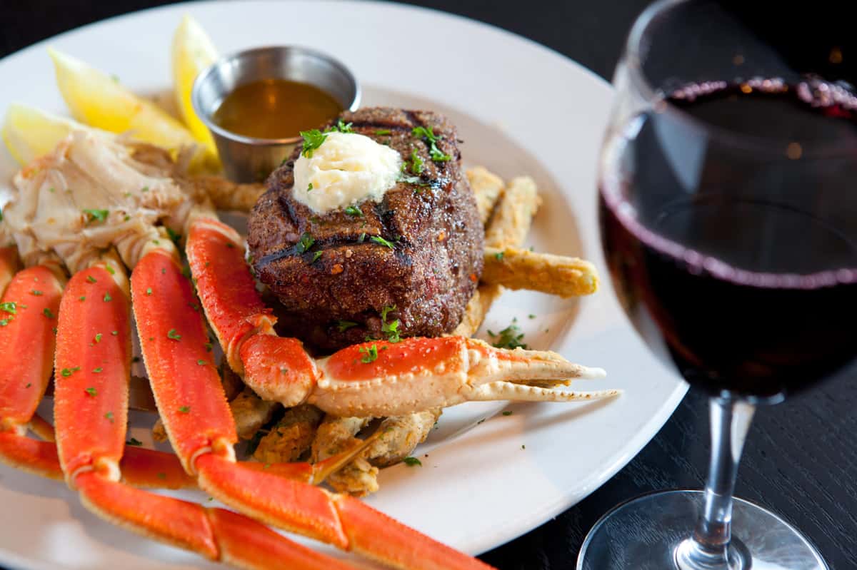 surf and turf with wine