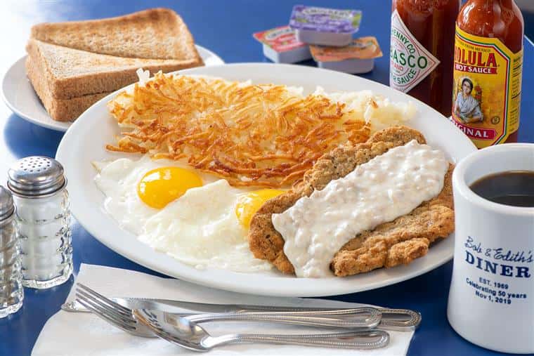 Country fried steak and eggs with hashbrowns