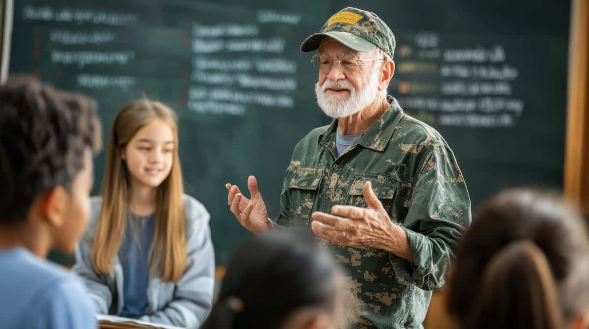 Older man wearing a cap speaks to a small group in a classroom setting, with a chalkboard behind him