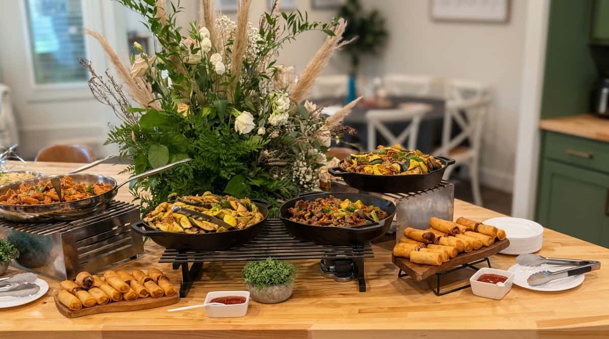 Elegant catering charcuterie display with grapes, strawberries, cheeses, crackers, and caprese skewers arranged on a platter for upscale event catering.