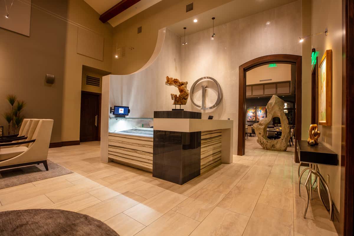 Welcoming lobby at Dulivia Ristorante Italiano in Springdale, Utah, featuring refined décor and an elegant entrance to the upscale Italian dining experience.
