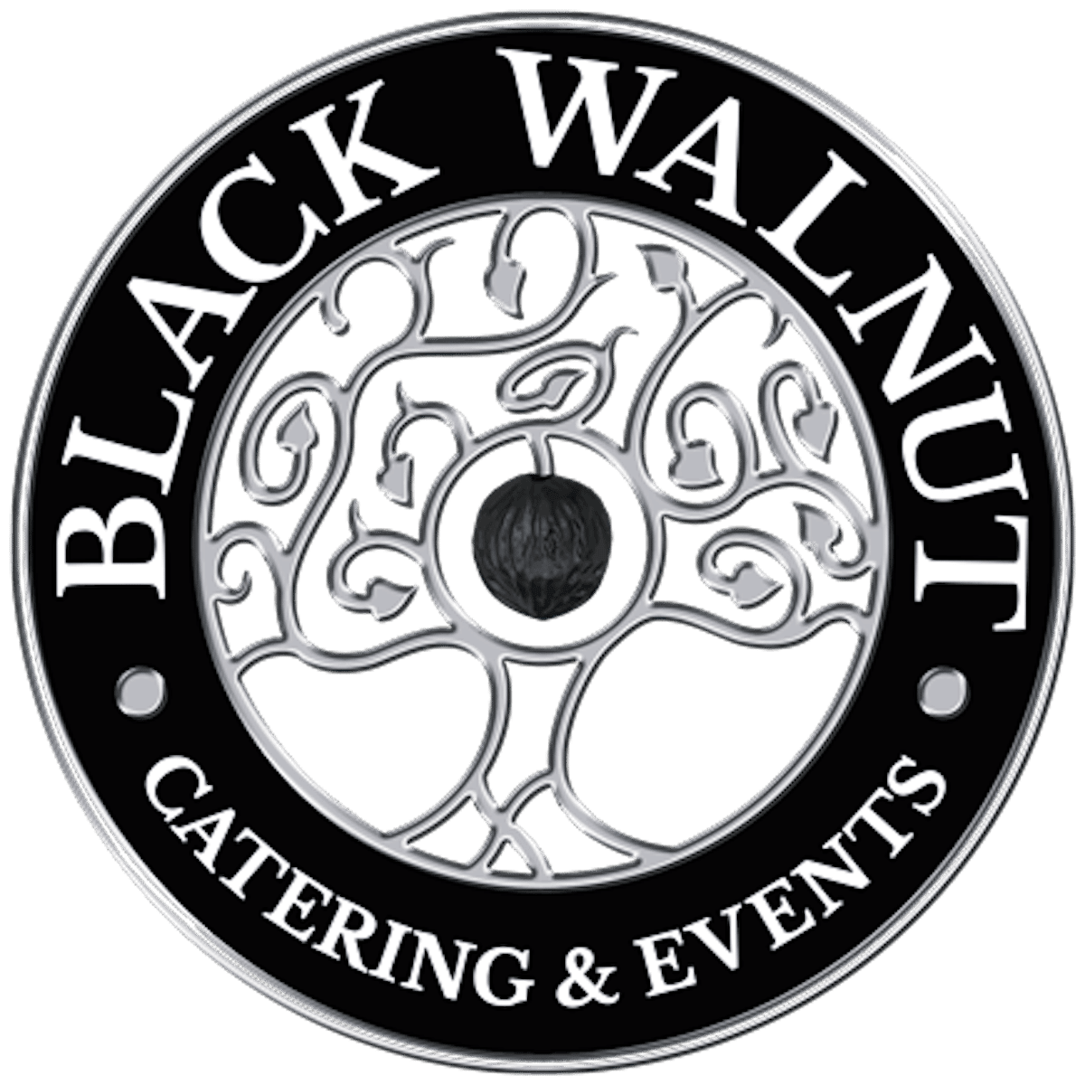 Black Walnut Catering & Events logo featuring a walnut illustration in a circular black and white design.