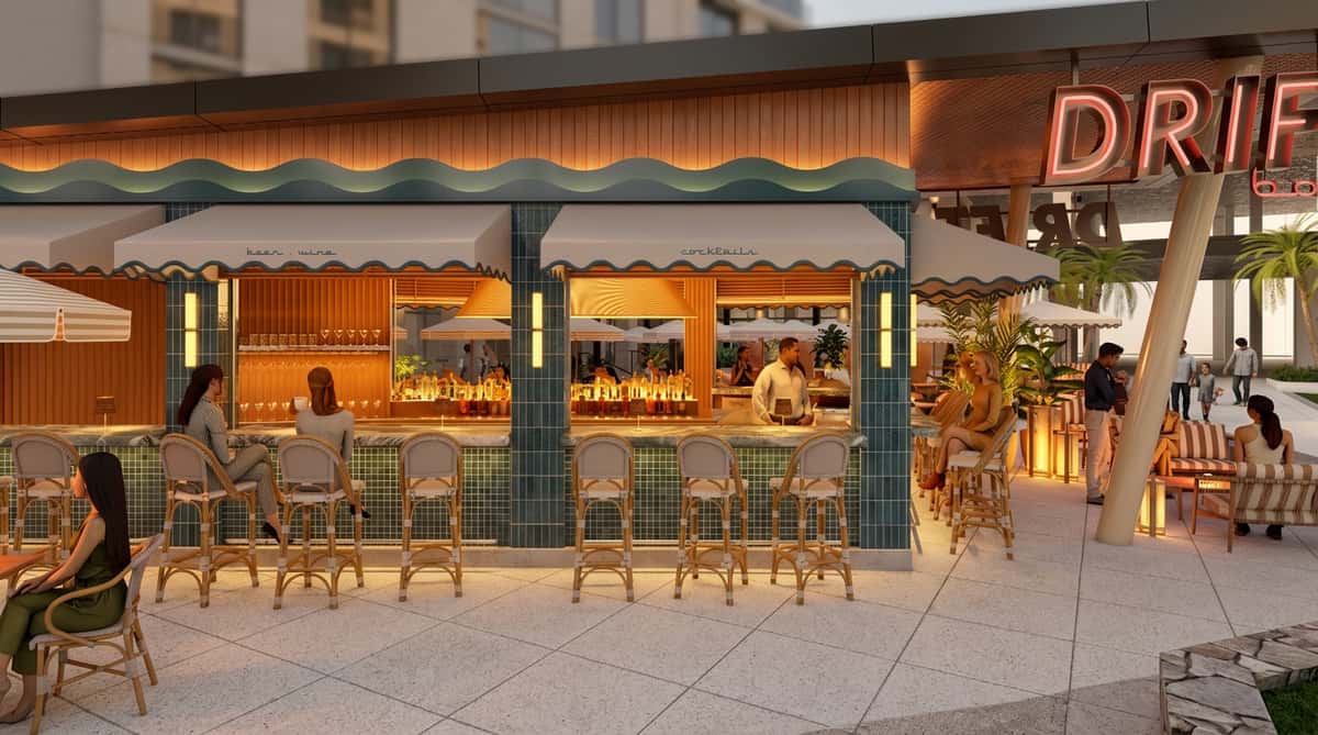 Rendering of the exterior bar area at Drift Bar