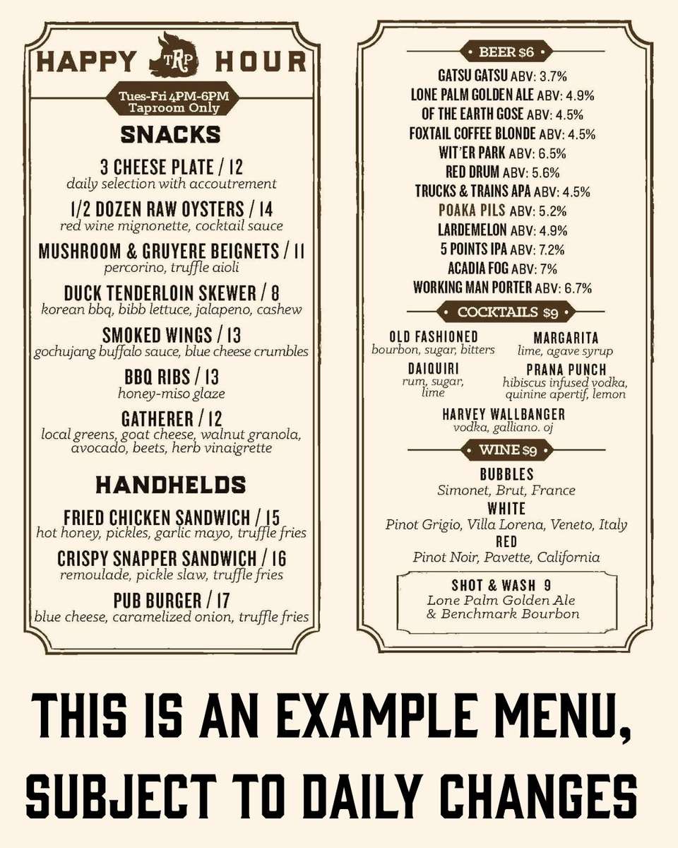 snacks 3 cheese plate / 12 daily selection with accoutrement 1/2 dozen raw oysters / 14 red wine mignonette, cocktail sauce MUSHROOM & GRUYERE beignets / 11 percorino, truffle aioli duck tenderloin skewer / 8 korean bbq, bibb lettuce, jalapeno, cashew smoked wings / 13 gochujang buffalo sauce, blue cheese crumbles BBQ RIBS / 13 honey-miso glaze GATHERER / 12 local greens, goat cheese, walnut granola, avocado, beets, herb vinaigrette handhelds FRIED CHICKEN SANDWICH / 15 hot honey, pickles, garlic mayo, truffle fries crispy snapper sandwich / 16 remoulade, pickle slaw, truffle fries PUB BURGER / 17 blue cheese, caramelized onion, truffle fries
