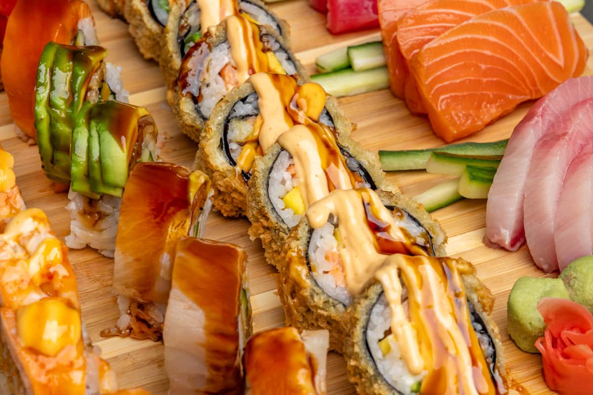 close up of sushi with mayo and dressing