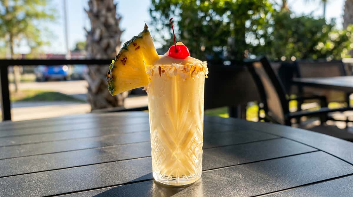 Yellow blended cocktail in a textured glass, garnished with a pineapple slice, cherry, and toasted coconut rim.