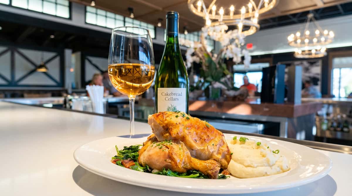 Roasted chicken with mashed potatoes and spinach, alongside a glass and bottle of Cakebread Cellars white wine.