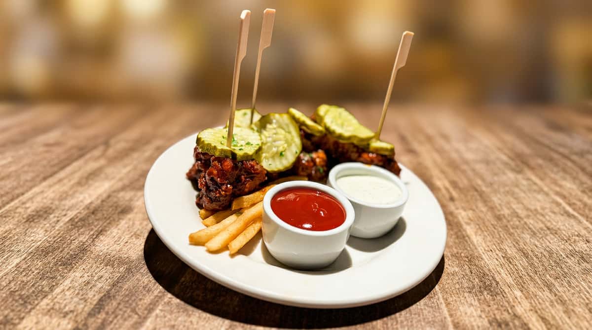 Pulled pork sliders with pickles, fries, ketchup, and ranch dressing on a white plate.