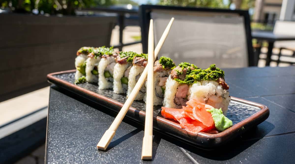 Sushi rolls with beef and green topping, pickled ginger, and wasabi on a dark textured plate with chopsticks.