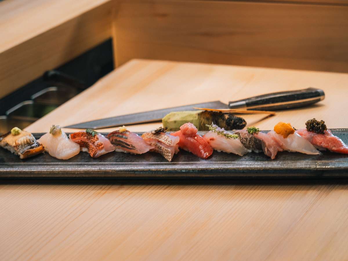 Chef-selected nigiri sushi assortment with fresh fish, uni and caviar at Blue Ribbon Sushi in Pacific Palisades