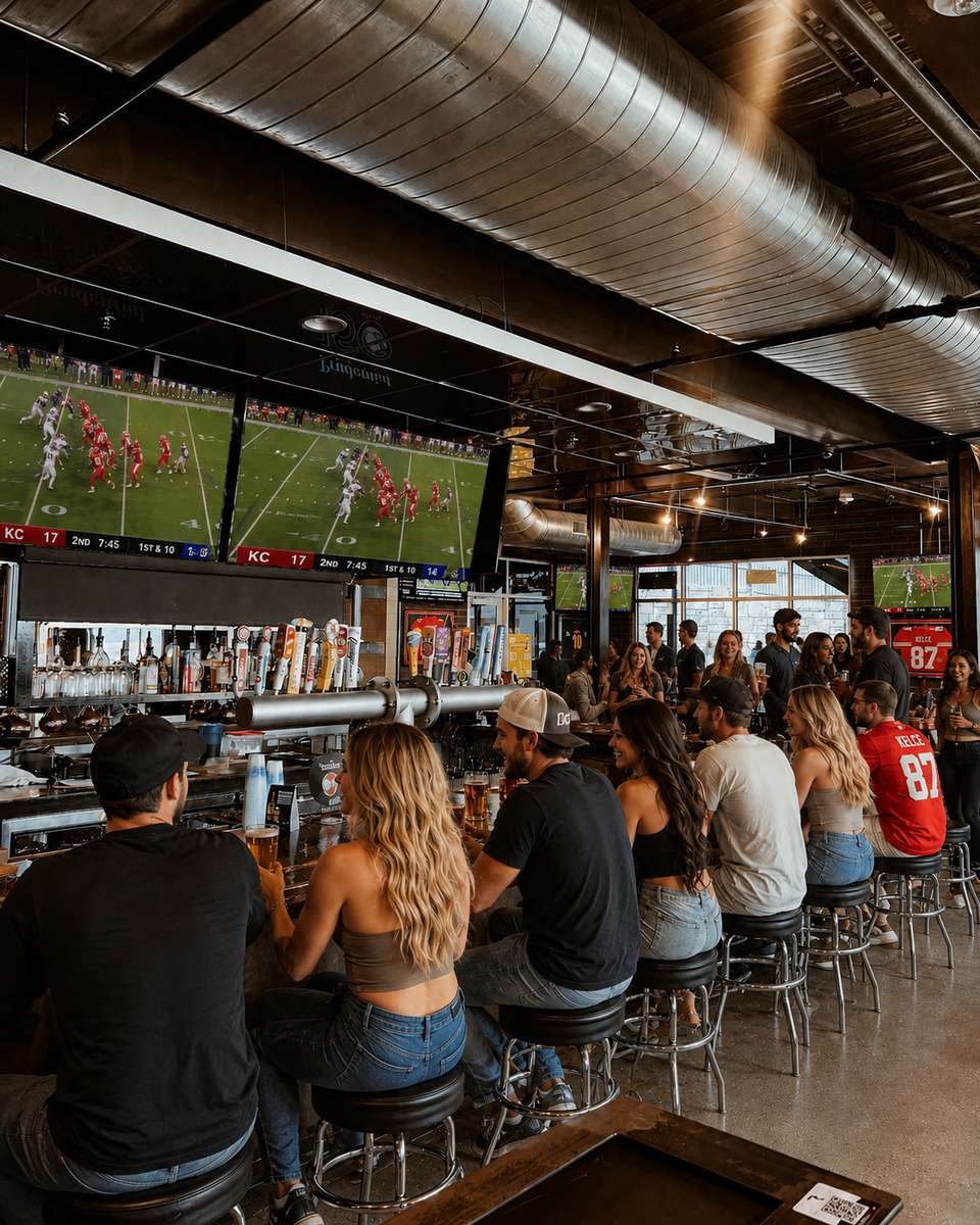 Sports bar with multiple TVs at Redemption Bar & Grill in Herriman, Utah