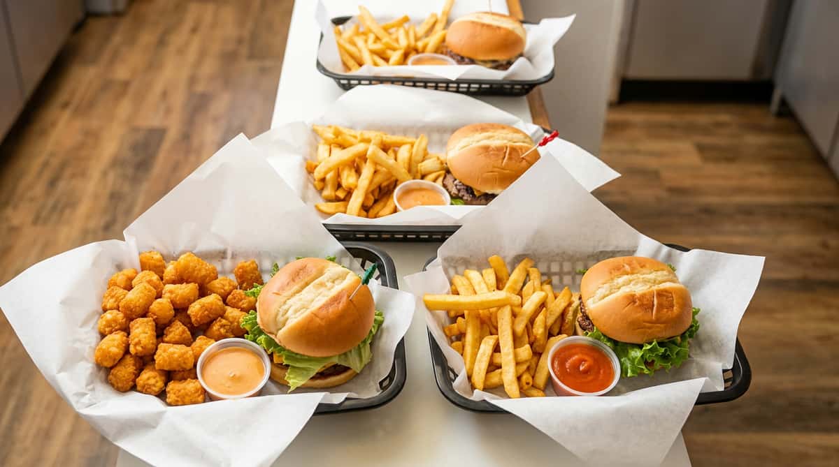 Multiple baskets of burgers with french fries and tater tots, along with sliced tomatoes.