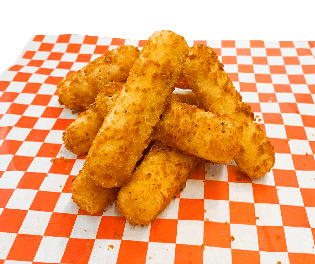 Seven pieces of Mozzarella Cheese Sticks on a checkered takeout paper