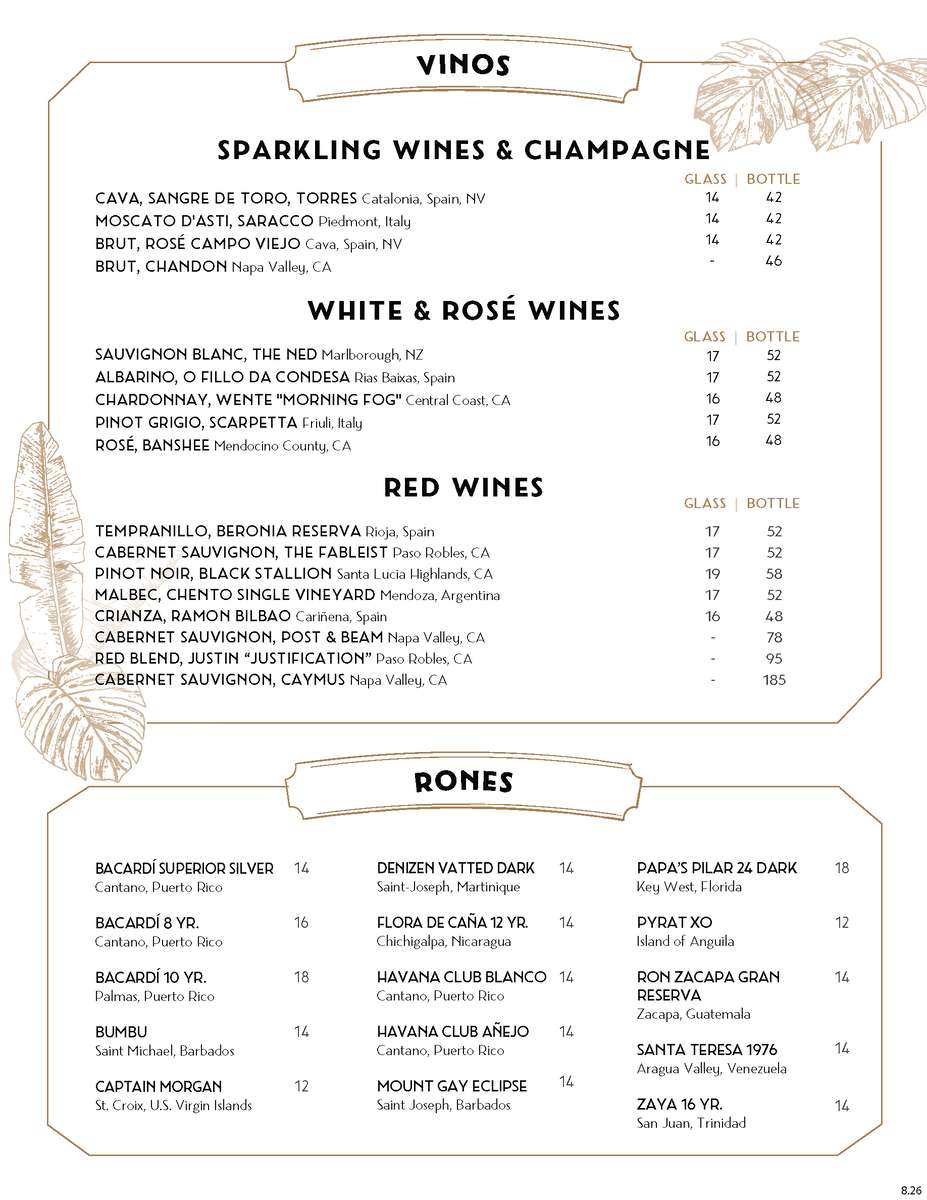 Habana Costa Mesa wine and rum menu