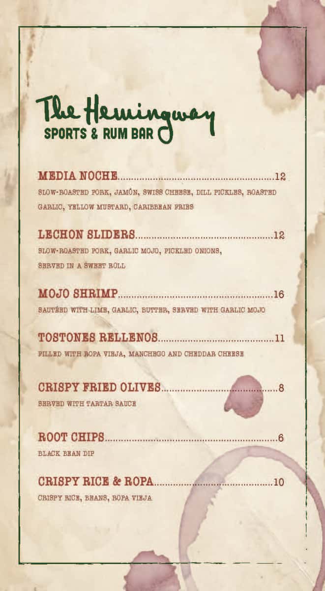 hemingway food menu