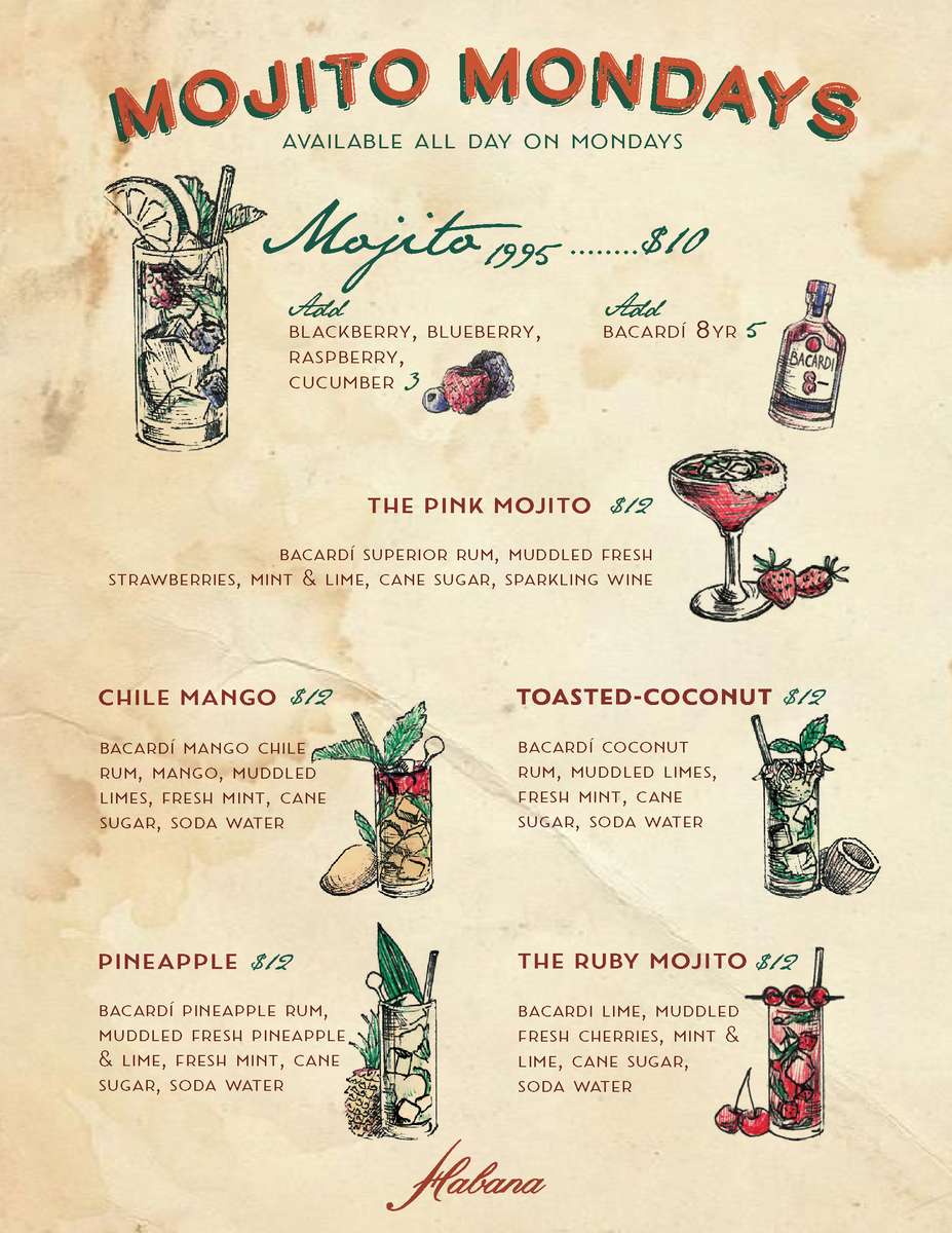 Habana Irvine Mojito Mondays menu