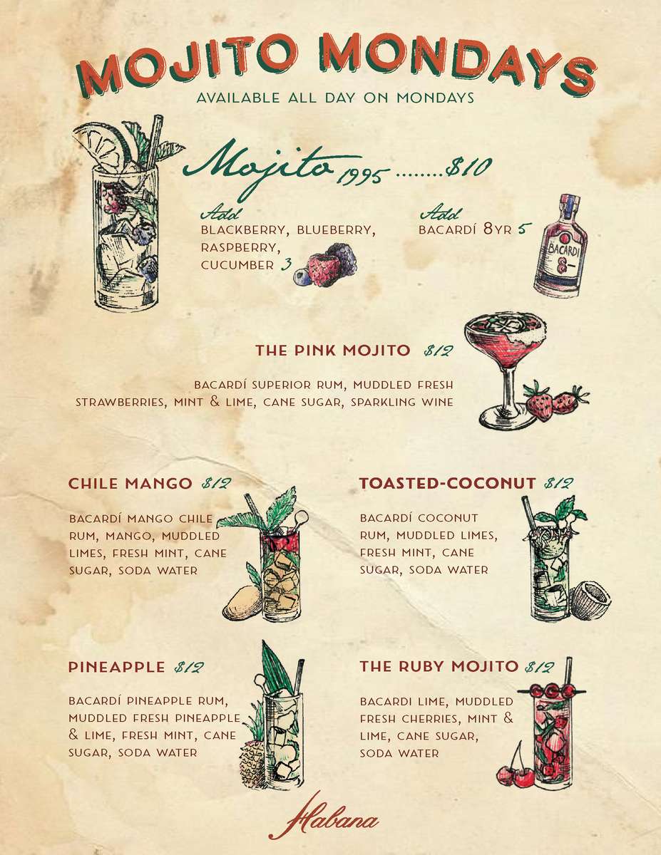 Habana Costa Mesa Mojito Mondays menu