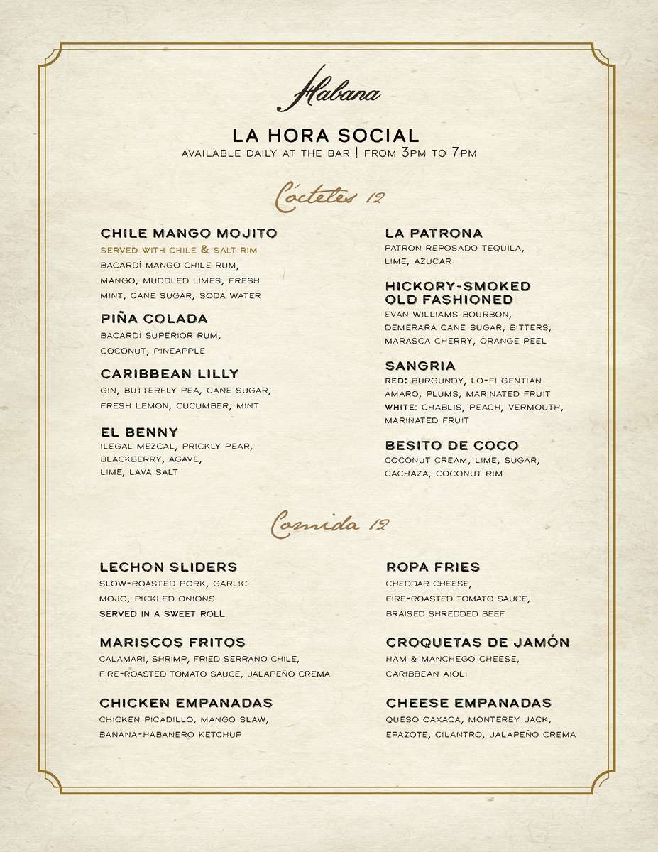 Habana Costa Mesa La Hora Social menu