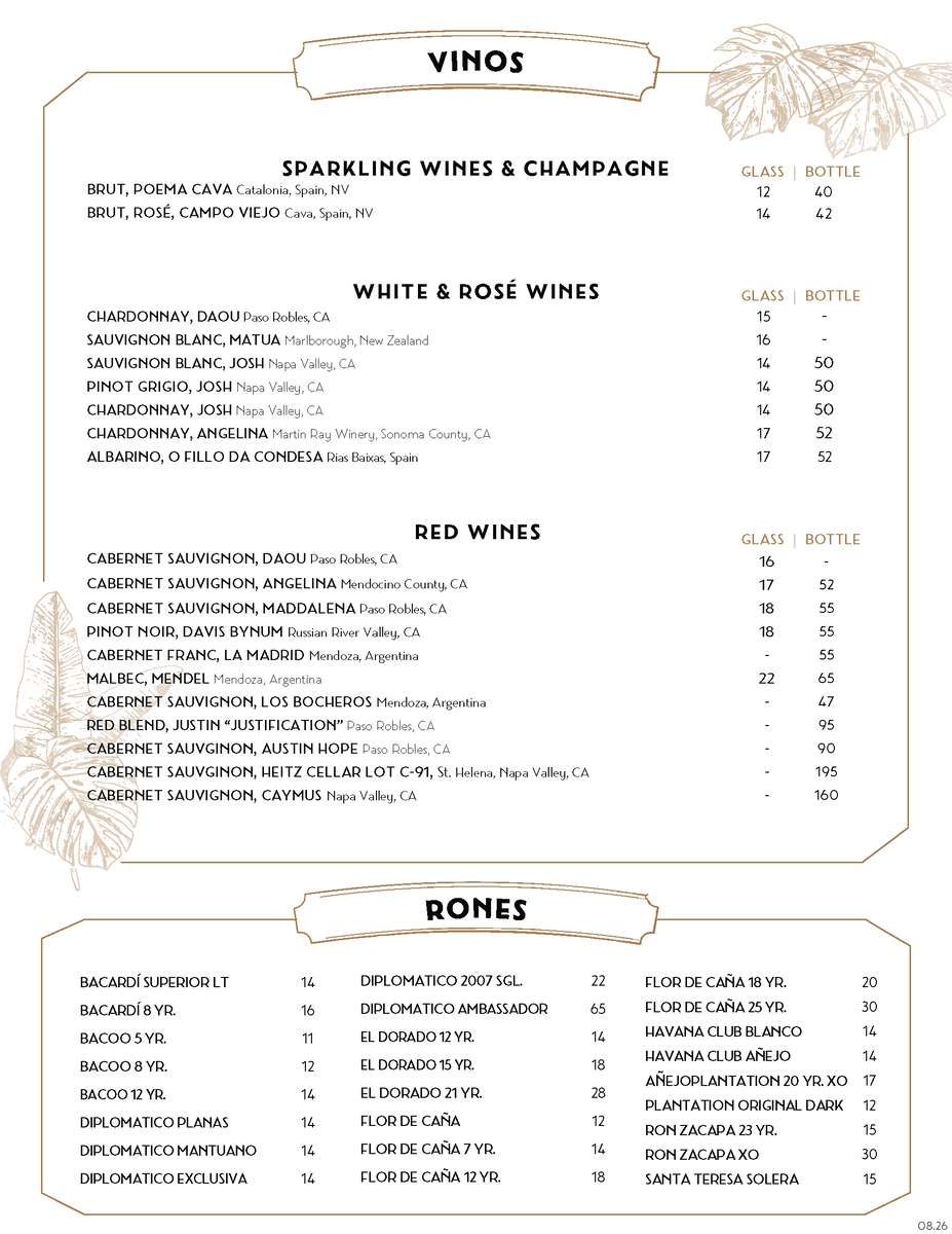 Habana Irvine Wine and Rum menu